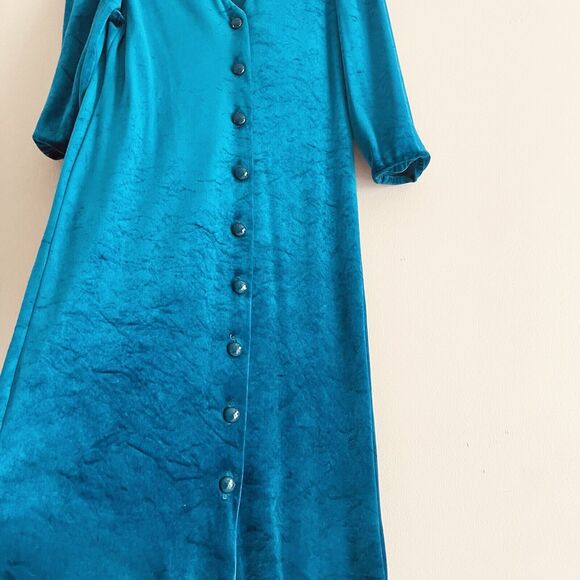 Jodi Michaels Vintage Dress M Back Buttons Puff Sleeves Velvet Turquoise Green - Picture 9 of 16